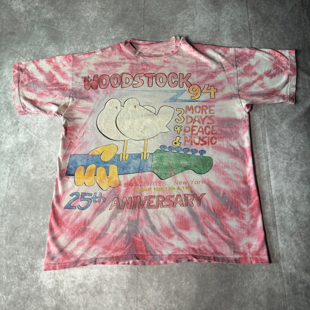 Vintage 1994 Woodstock Distressed Thrashed Tie Dye T-Shirt Pink Mens XL GRAIL